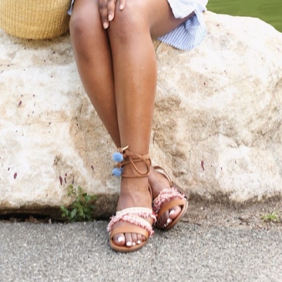 Leather Stylish Bohemian Pom Pom Block Heel Sandal - Picture 2 of 5